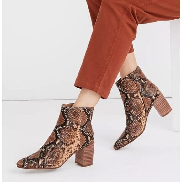 Madewell Fiona‎ Snakeskin Embossed Leather Tan Stacked Heel Ankle Boot Size 6 - Picture 1 of 10